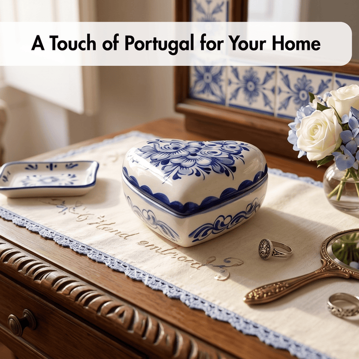 A heart-shaped ceramic box with blue floral patterns on a white glaze, styled on a wooden dresser alongside a matching small dish, rings, a hand mirror, and white roses. Text overlay at the top reads &