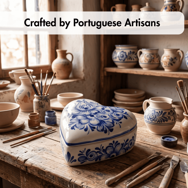 A heart-shaped ceramic box with blue floral patterns sits on a rustic wooden workbench in a pottery studio. Other ceramic vessels, paintbrushes, and pottery tools are arranged around it, with shelves of more ceramics in the background.