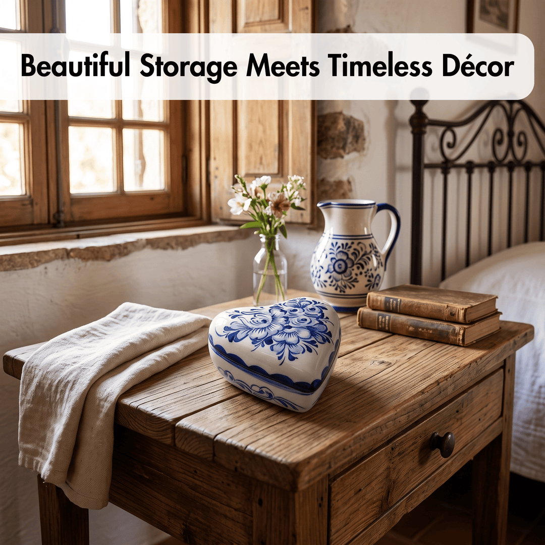 A rustic wooden table in a bedroom setting styled with a blue-and-white ceramic heart-shaped box, a matching ceramic pitcher, a small vase of flowers, and a folded cream linen cloth. A large white text banner at the top reads &