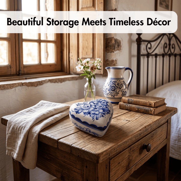 A rustic wooden table in a bedroom setting styled with a blue-and-white ceramic heart-shaped box, a matching ceramic pitcher, a small vase of flowers, and a folded cream linen cloth. A large white text banner at the top reads &