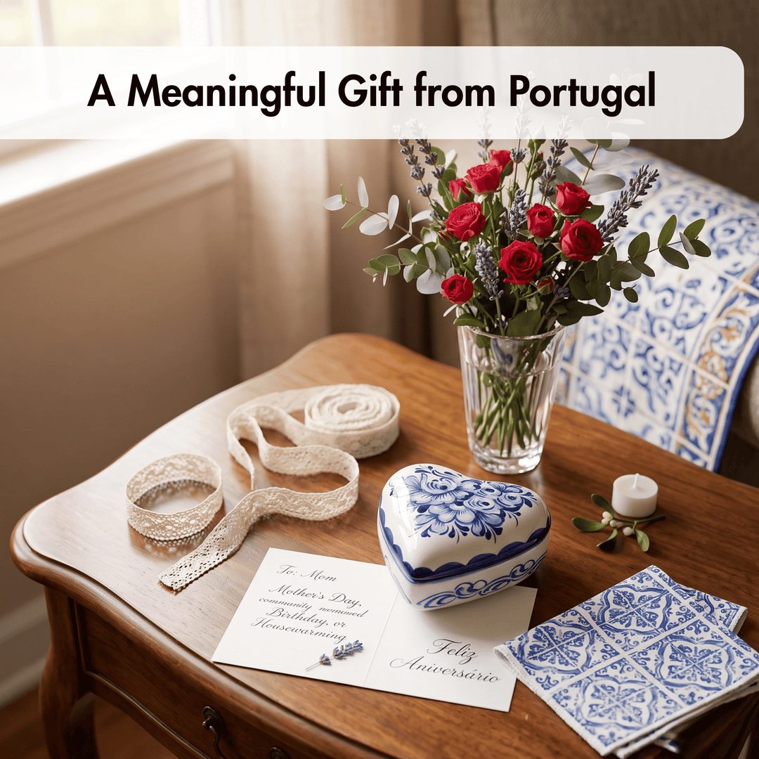 A styled gift arrangement on a wooden table featuring a heart-shaped blue and white ceramic box, a glass vase of red roses and lavender, cream lace ribbon, a small white candle, and printed cards, with a text banner reading &