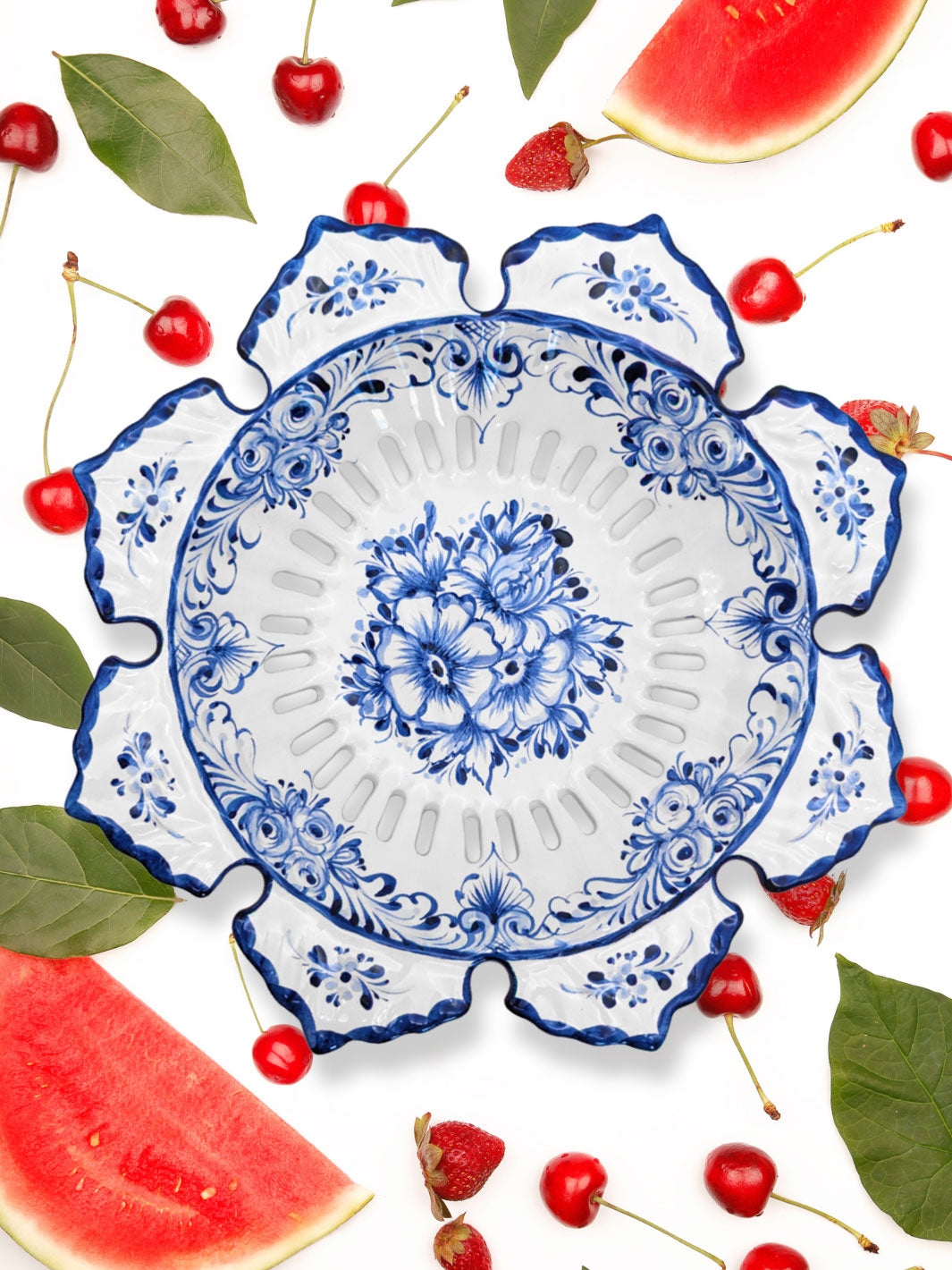 Hand Painted Blue and White Alcobaça Ceramic Decorative Fruit Bowl