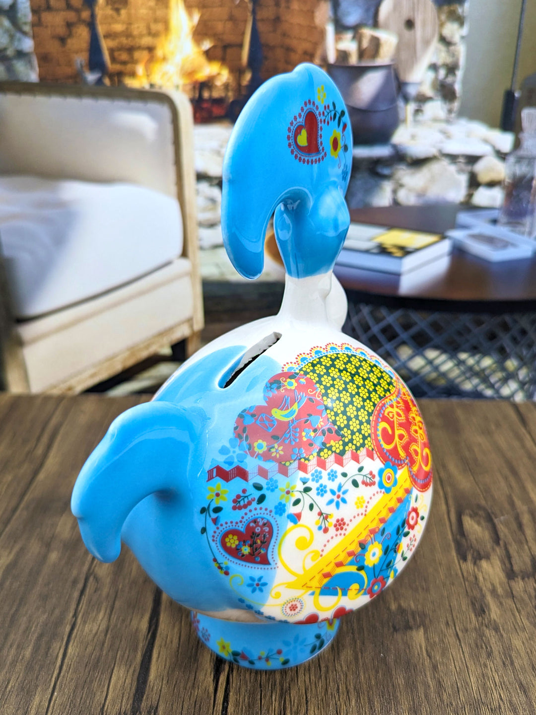 Hand Painted Portuguese Ceramic Rooster Piggy Bank