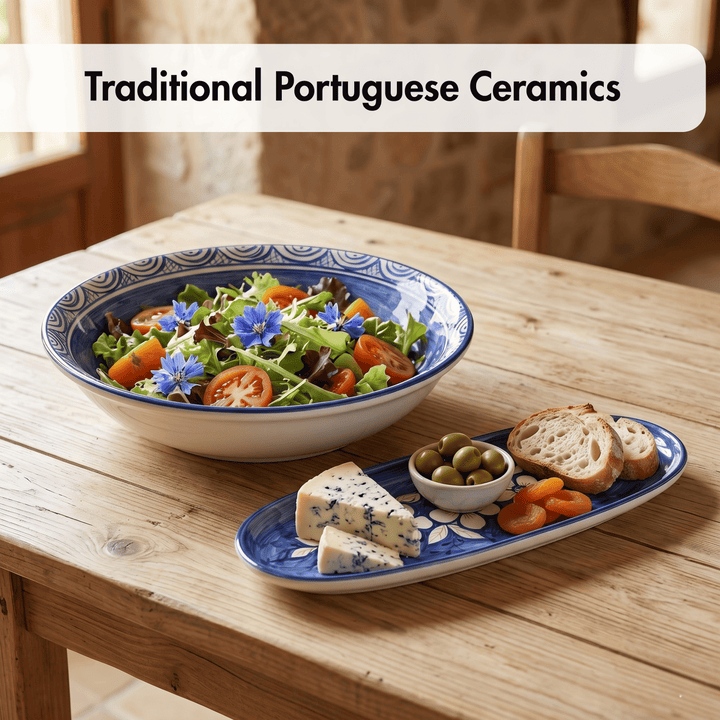 Traditional Portuguese ceramics with a salad and food on a wooden table