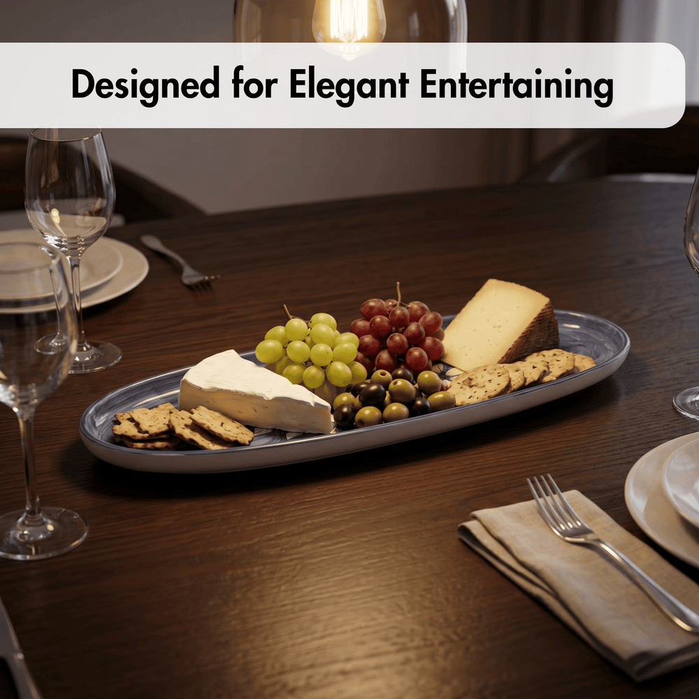 Platter of cheese, fruits, and crackers on a table with wine glasses and cutlery, labeled 'Designed for Elegant Entertaining'.