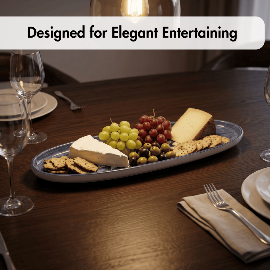 Platter of cheese, fruits, and crackers on a table with wine glasses and cutlery, labeled 'Designed for Elegant Entertaining'.