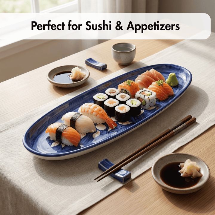 Blue oval sushi plate with various sushi pieces on a wooden table.