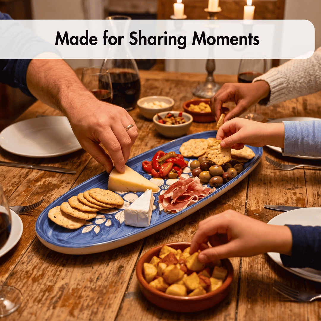 People sharing food from a platter on a wooden table with the text 'Made for Sharing Moments'.