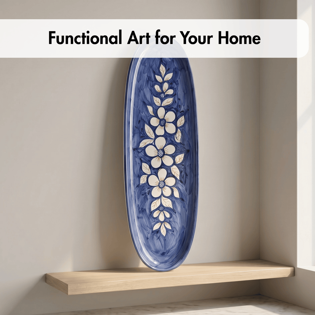 Blue floral-patterned plate on a wooden shelf with text 'Functional Art for Your Home'.