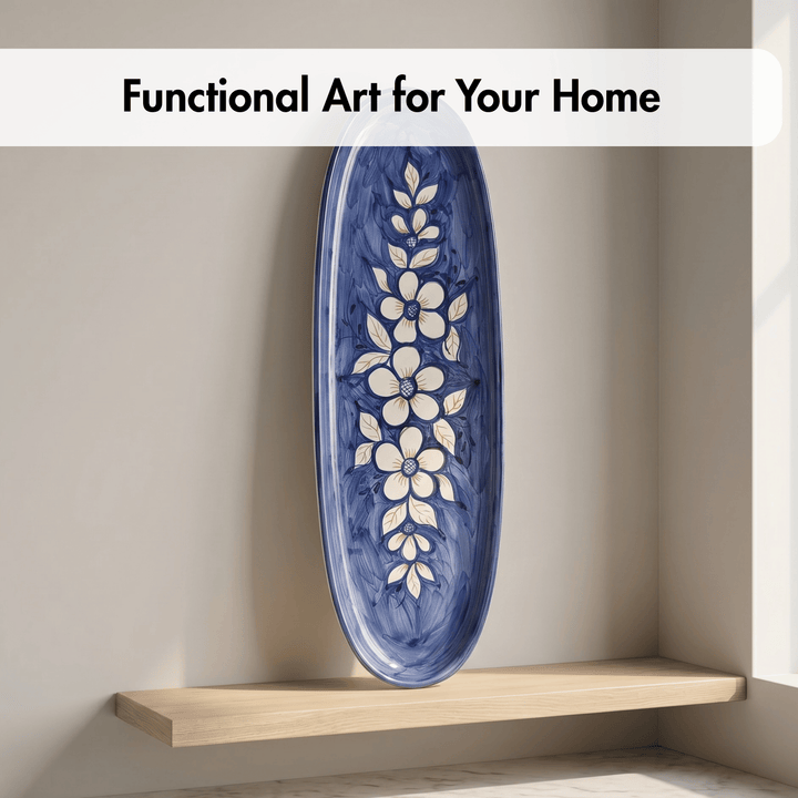 Blue floral-patterned plate on a wooden shelf with text 'Functional Art for Your Home'.