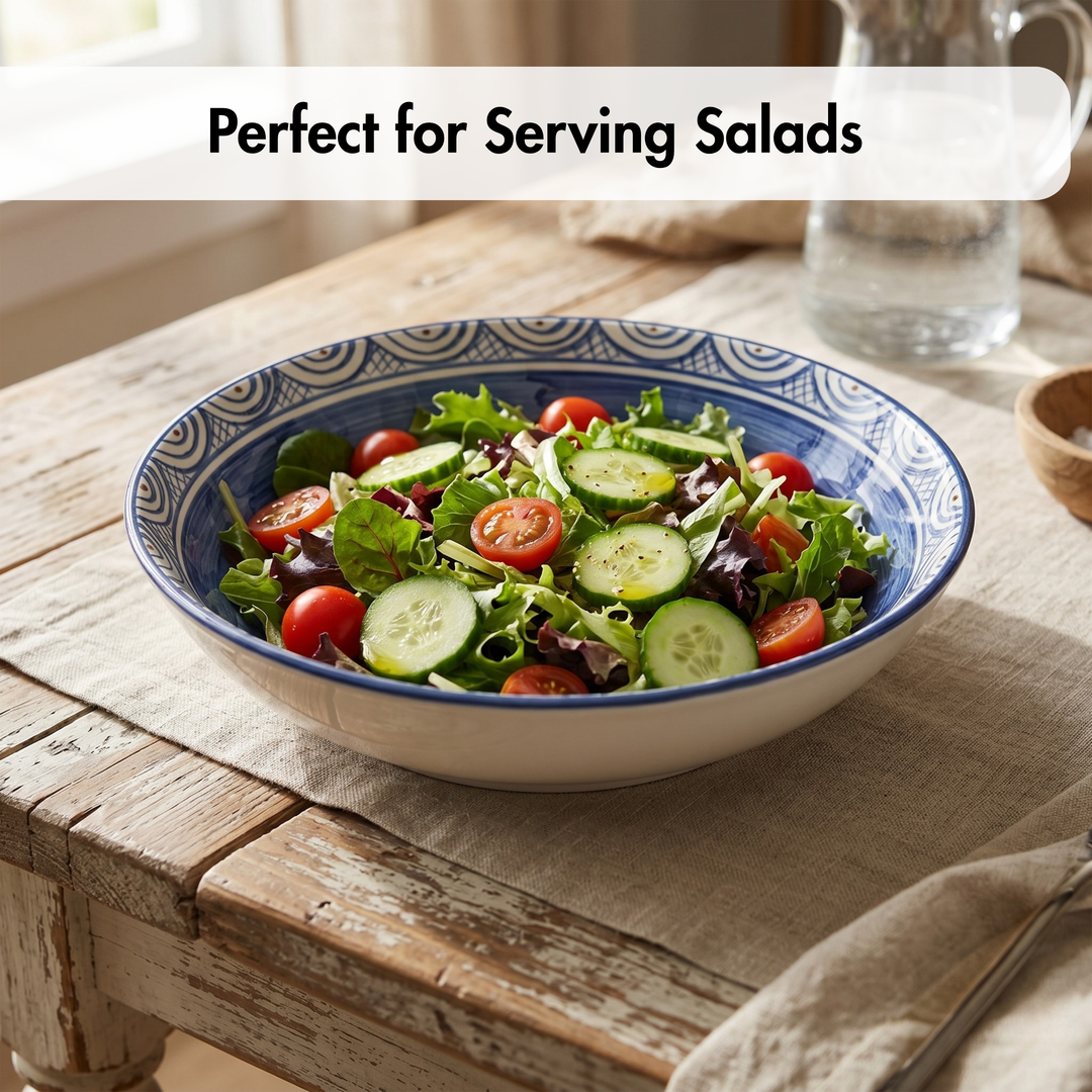 Bowl of salad on a wooden table with text 'Perfect for Serving Salads'.