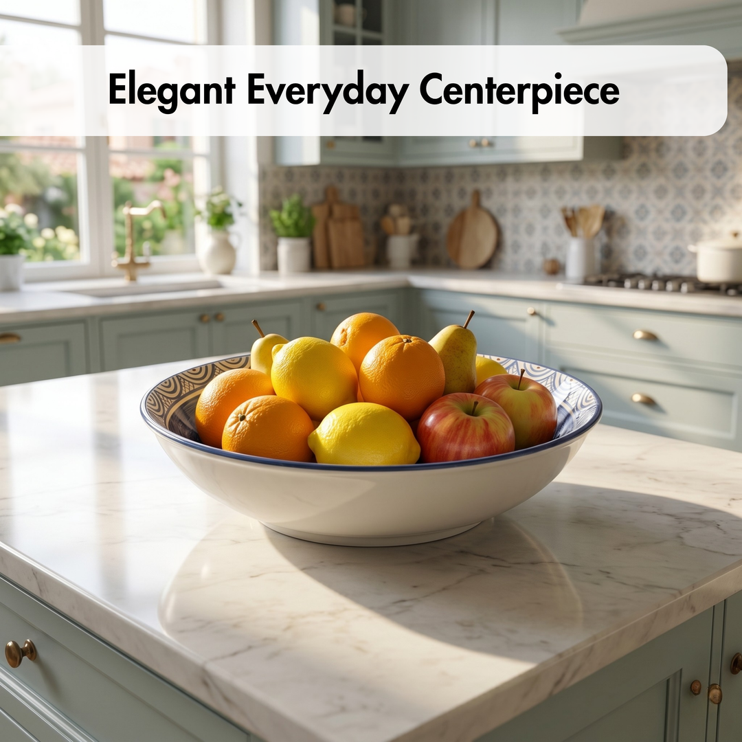 Bowl of fruit on a kitchen counter with 'Elegant Everyday Centerpiece' text