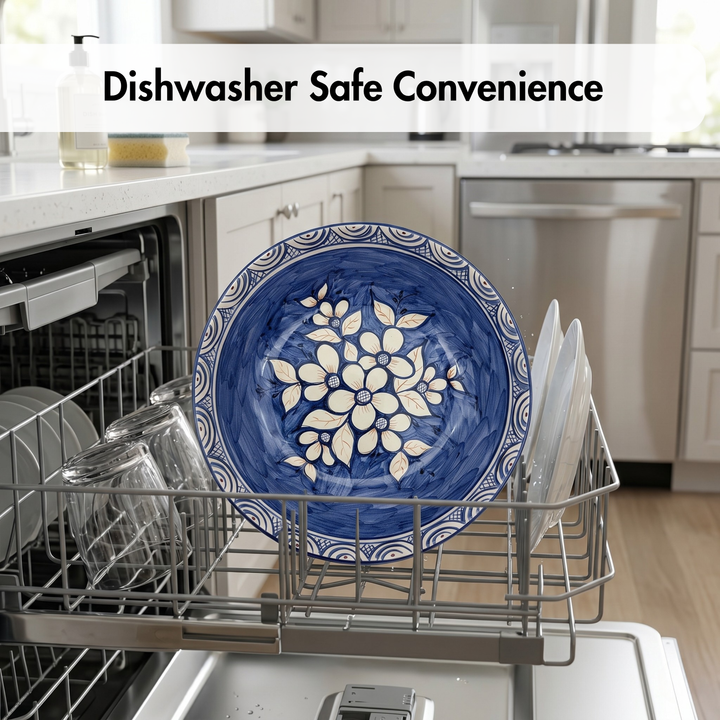 Dishwasher with a blue and white floral plate and glasses, with text 'Dishwasher Safe Convenience'.