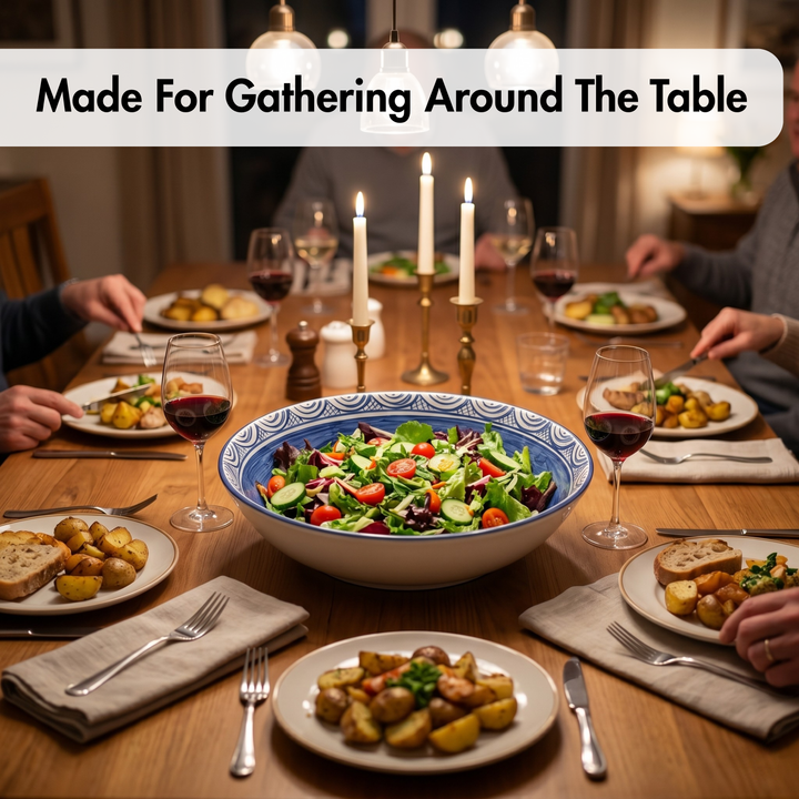 Dinner table setting with a large bowl of salad and people around the table, with text 'Made For Gathering Around The Table'.