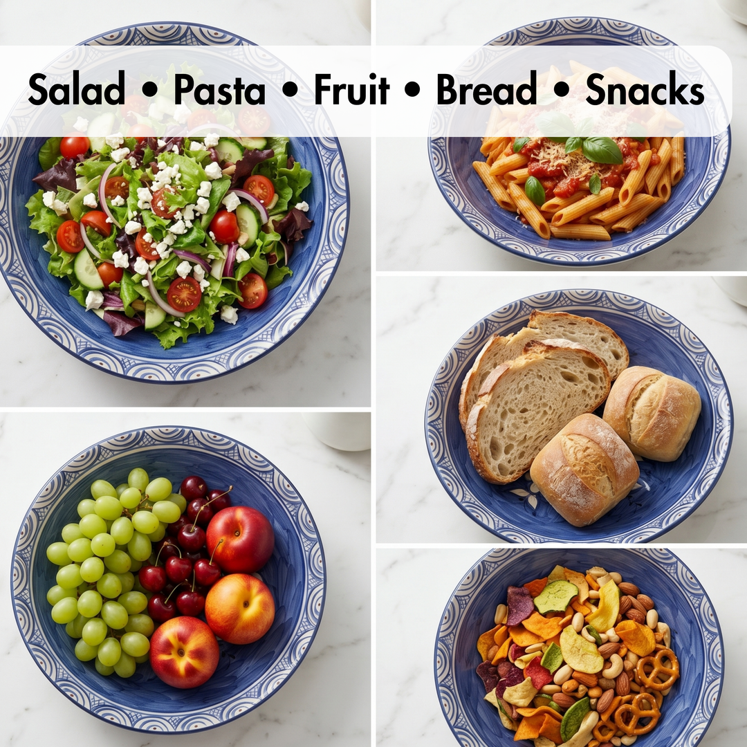Collage of various food items including salad, pasta, fruit, bread, and snacks on a white background.