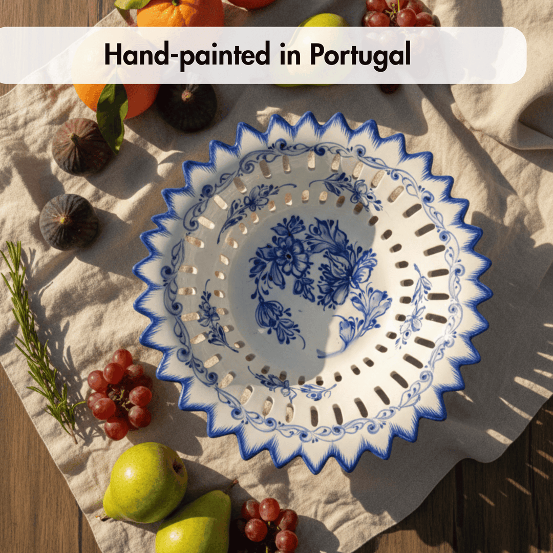 Hand Painted Blue &amp; White Portuguese Pottery Alcobaça Ceramic Fruit Bowl Centerpiece