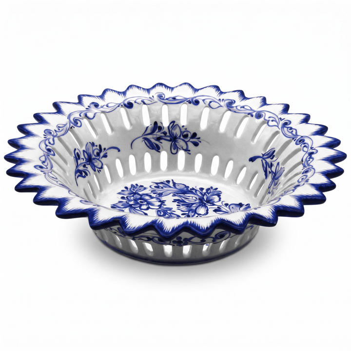 Hand Painted Blue &amp; White Portuguese Pottery Alcobaça Ceramic Fruit Bowl Centerpiece
