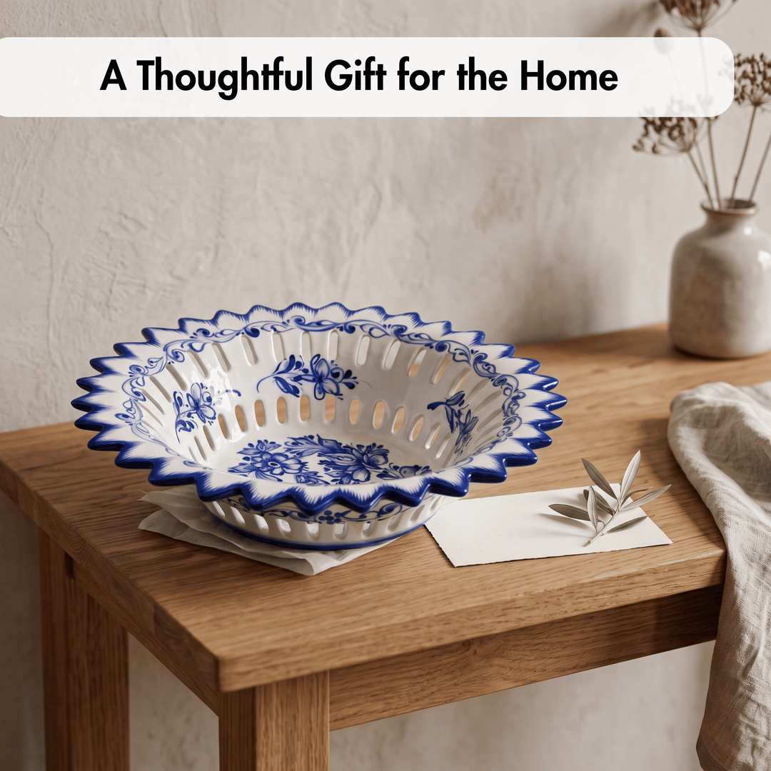 Hand Painted Blue &amp; White Portuguese Pottery Alcobaça Ceramic Fruit Bowl Centerpiece
