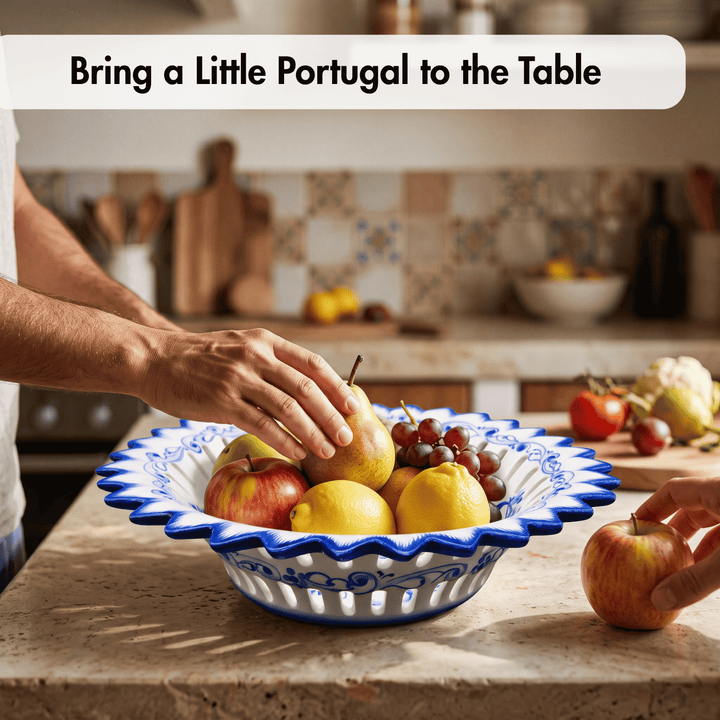 Hand Painted Blue &amp; White Portuguese Pottery Alcobaça Ceramic Fruit Bowl Centerpiece