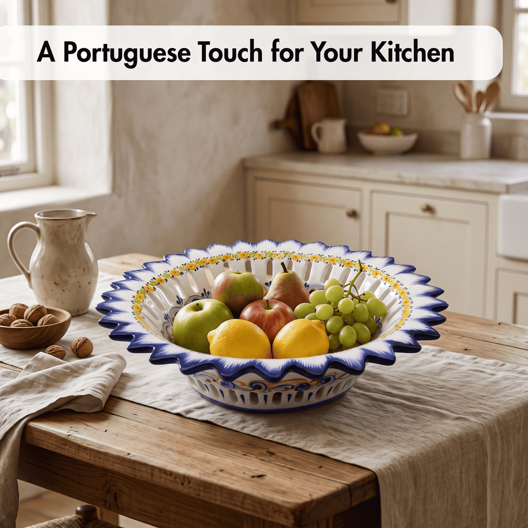 Hand Painted Portuguese Pottery Alcobaça Ceramic Fruit Bowl Centerpiece
