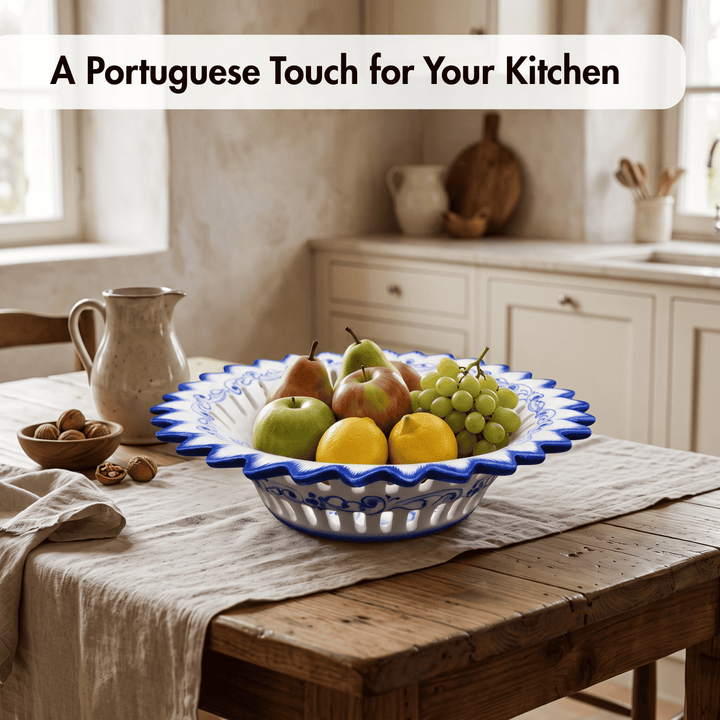 Hand Painted Blue &amp; White Portuguese Pottery Alcobaça Ceramic Fruit Bowl Centerpiece