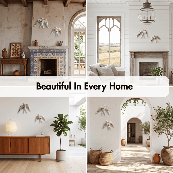 A four-panel collage of beautifully styled home interiors with decorative wall bird ornaments, a fireplace, windows, plants, and baskets, overlaid with the text &