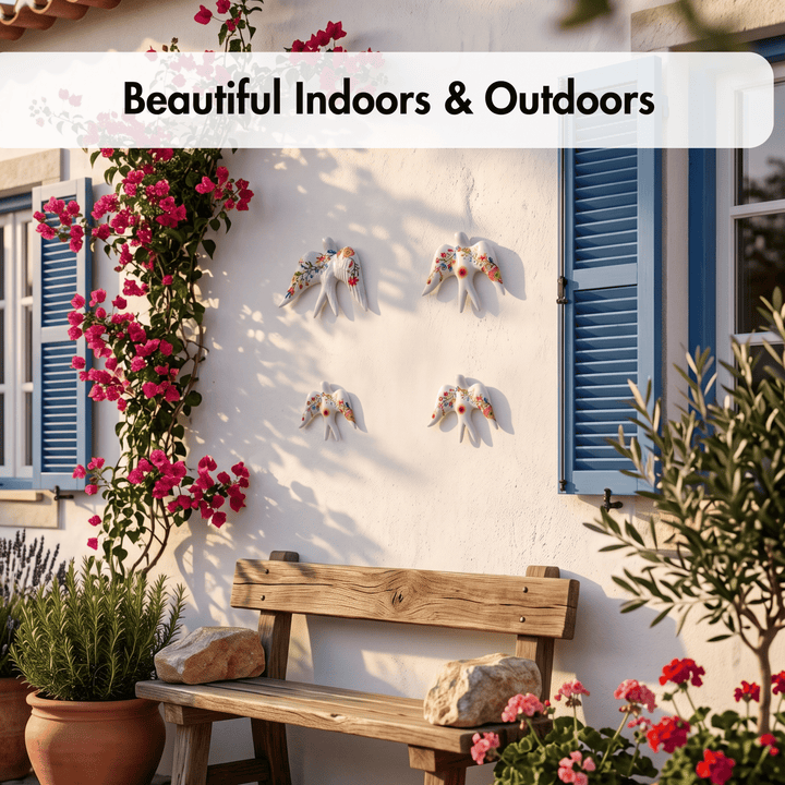 A Mediterranean-style outdoor wall scene with blue shutters, pink bougainvillea flowers, a wooden bench, potted plants, and four small ceramic bird decorations mounted on the wall. A translucent banner at the top reads “Beautiful Indoors &amp; Outdoors.