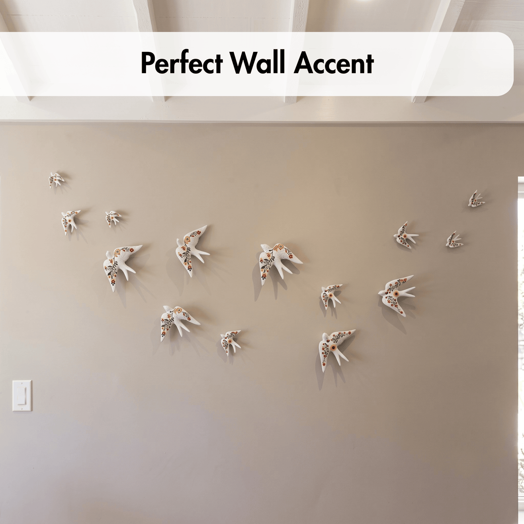 A set of decorative wall-mounted bird sculptures arranged in a flight pattern on a beige wall, with a white banner at the top reading &