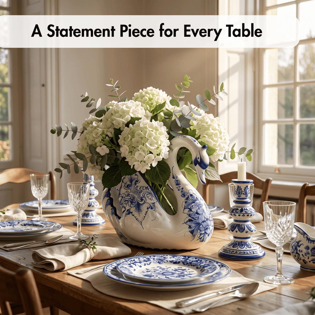 A swan-shaped ceramic vase filled with white hydrangeas and green foliage, set on a wooden dining table with blue-and-white plates, glassware, and a candlestick in a bright room. Text at the top reads, &