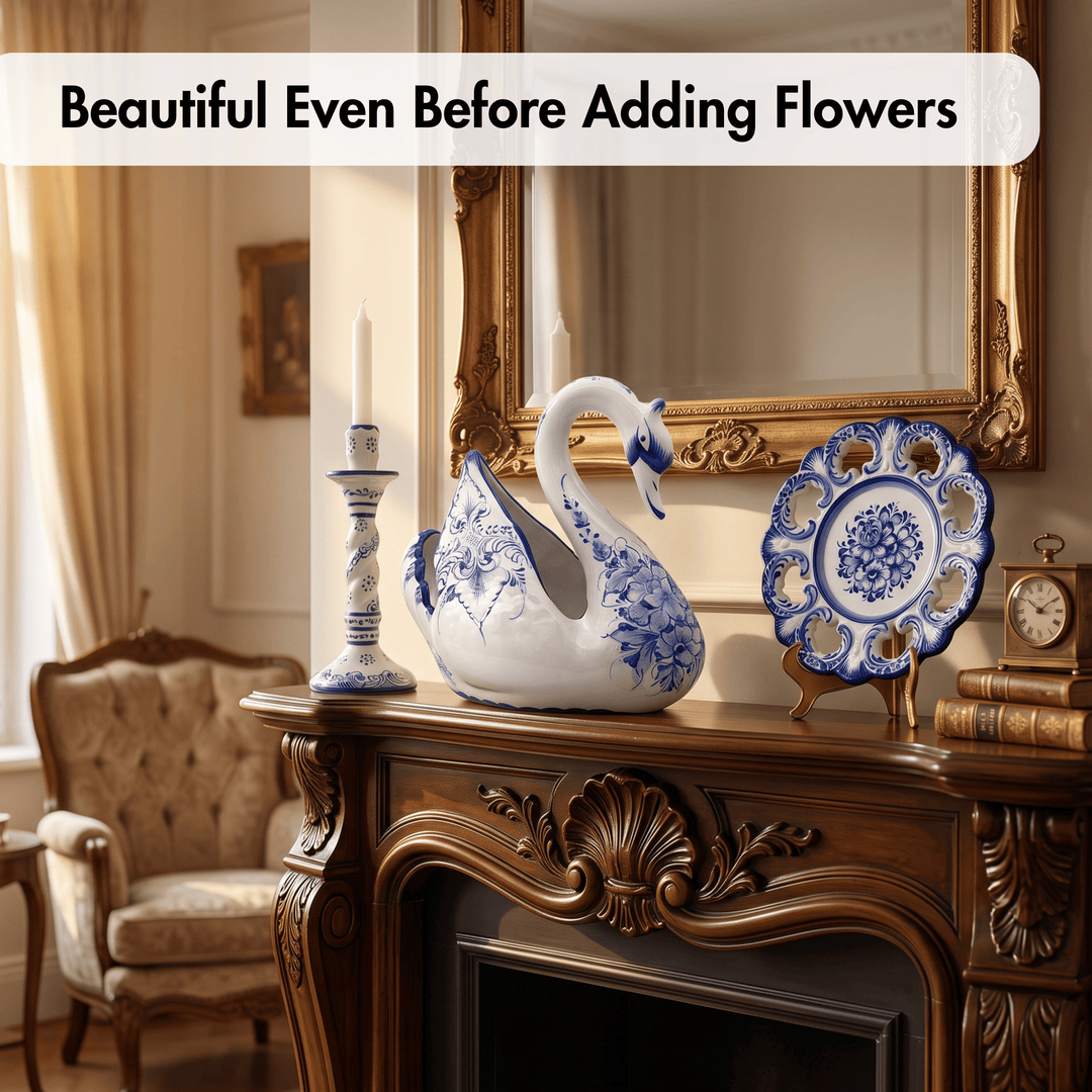 A decorative white ceramic swan figurine with blue floral patterns sits on an ornate dark wood mantel in a vintage room, alongside a blue-and-white plate, candlestick, mirror, and framed wall art. A text banner at the top reads, &