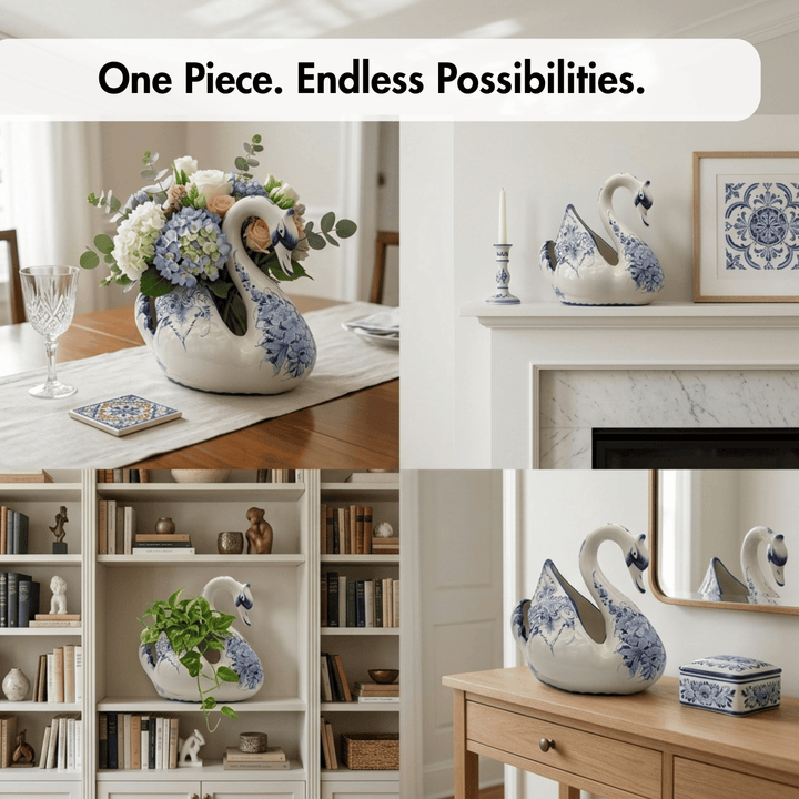 A collage showing a blue-and-white swan-shaped ceramic vase or planter in multiple home interior settings. The top-left panel shows the vessel filled with flowers on a dining table, the top-right panel shows it on a fireplace mantel, the bottom-left panel shows it on a bookshelf with a plant, and the bottom-right panel shows it on a wooden console table.