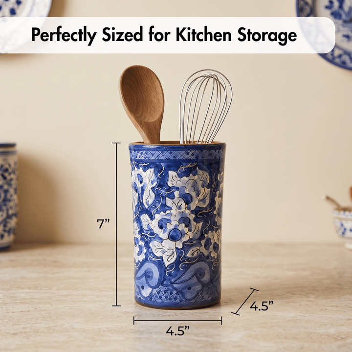 Hand Painted Portuguese Pottery Blue and White Kitchen Utensil Holder