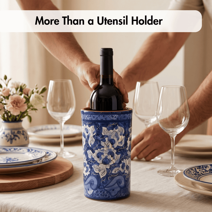Hand Painted Portuguese Pottery Blue and White Kitchen Utensil Holder