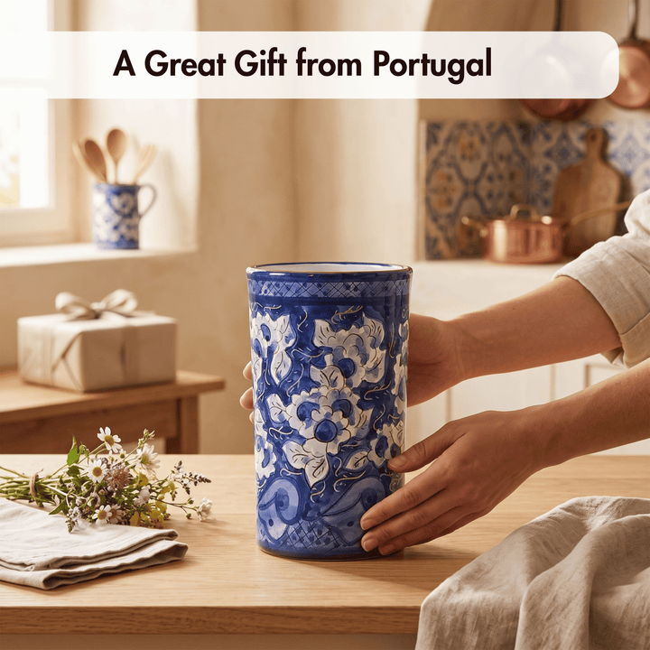 Hand Painted Portuguese Pottery Blue and White Kitchen Utensil Holder