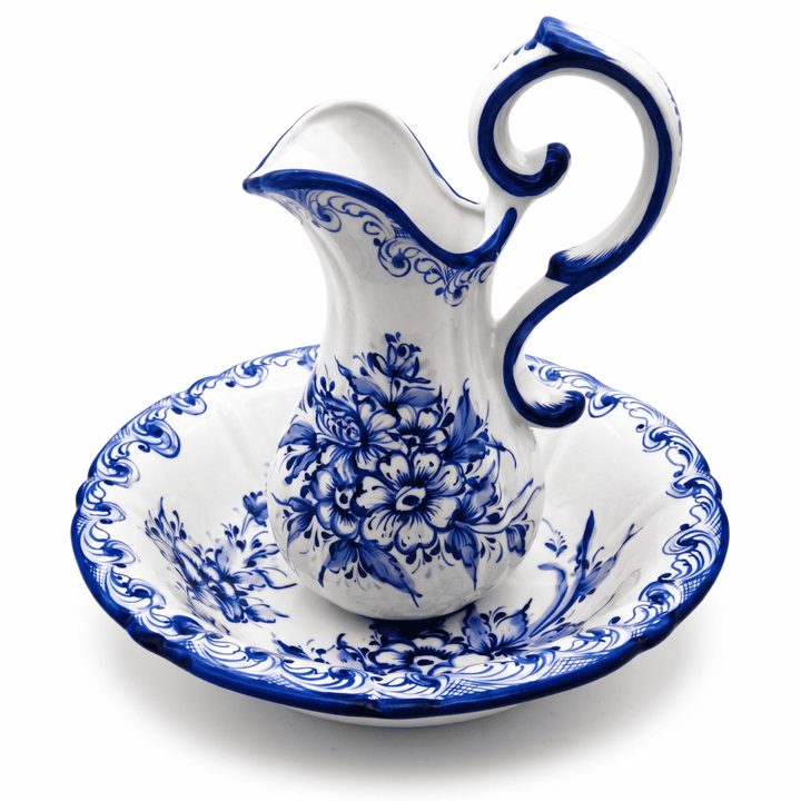 Hand Painted Portuguese Pottery Blue and White Wash Basin with Pitcher Set