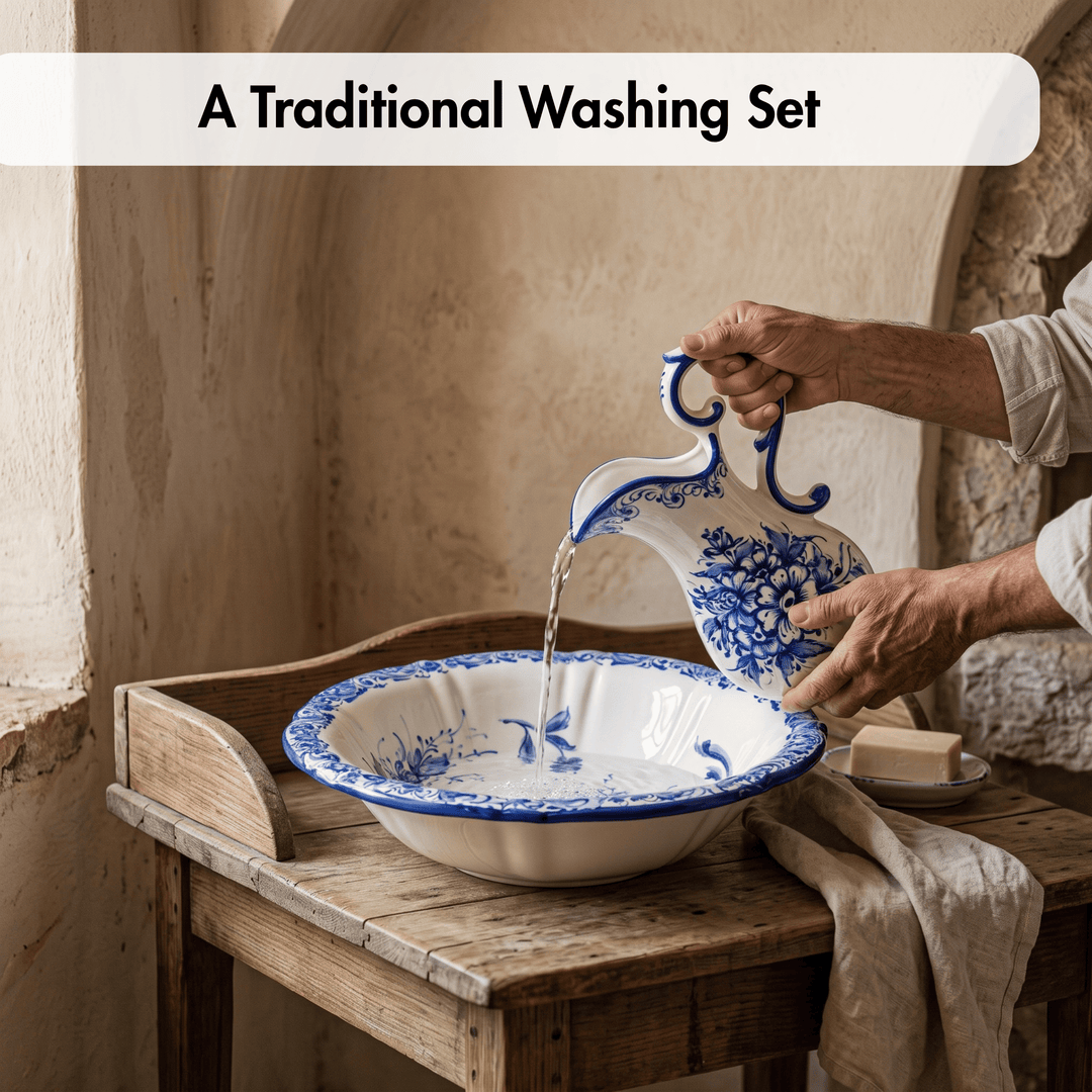 Hand Painted Portuguese Pottery Blue and White Wash Basin with Pitcher Set