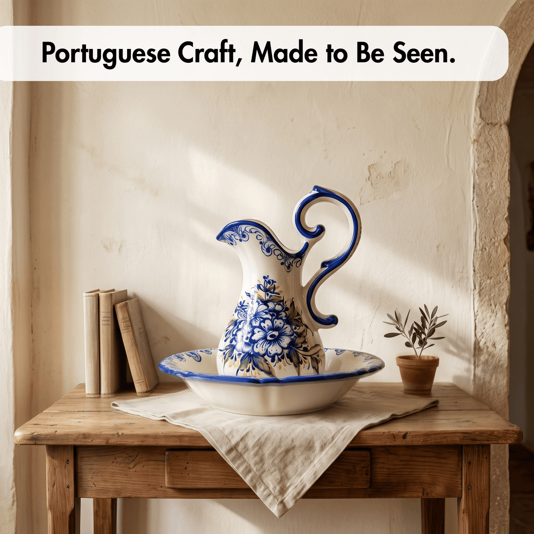 Hand Painted Portuguese Pottery Blue and White Wash Basin with Pitcher Set