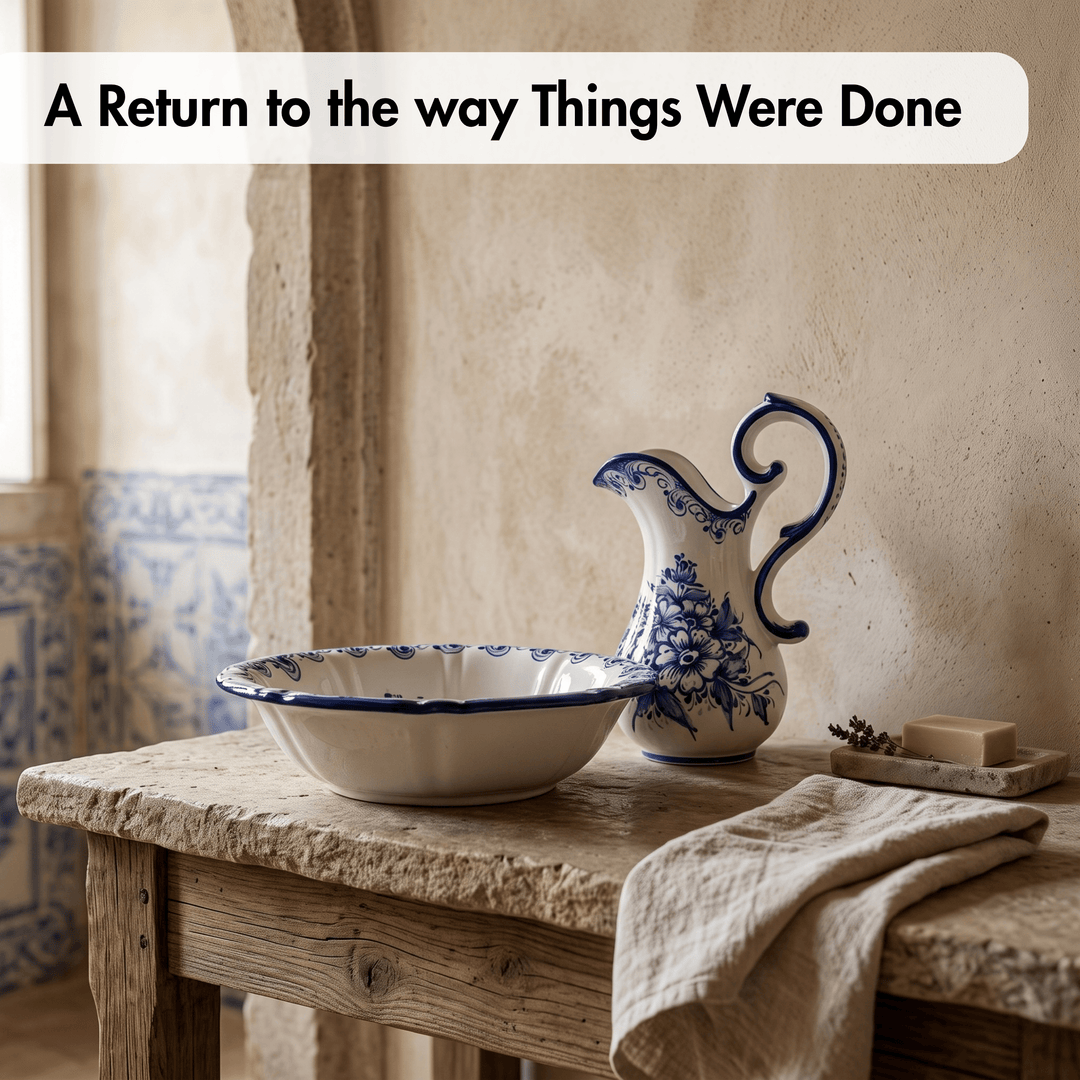 Hand Painted Portuguese Pottery Blue and White Wash Basin with Pitcher Set
