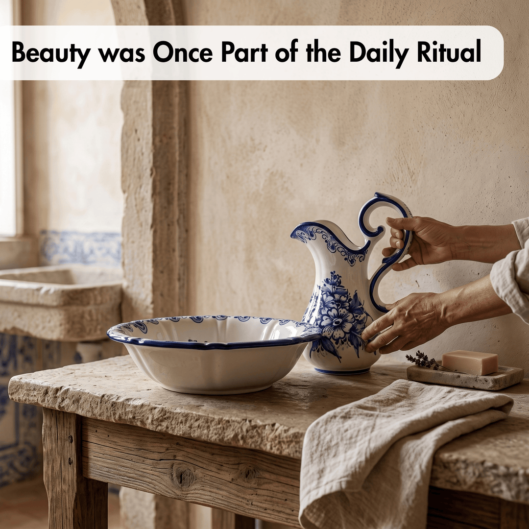 Hand Painted Portuguese Pottery Blue and White Wash Basin with Pitcher Set