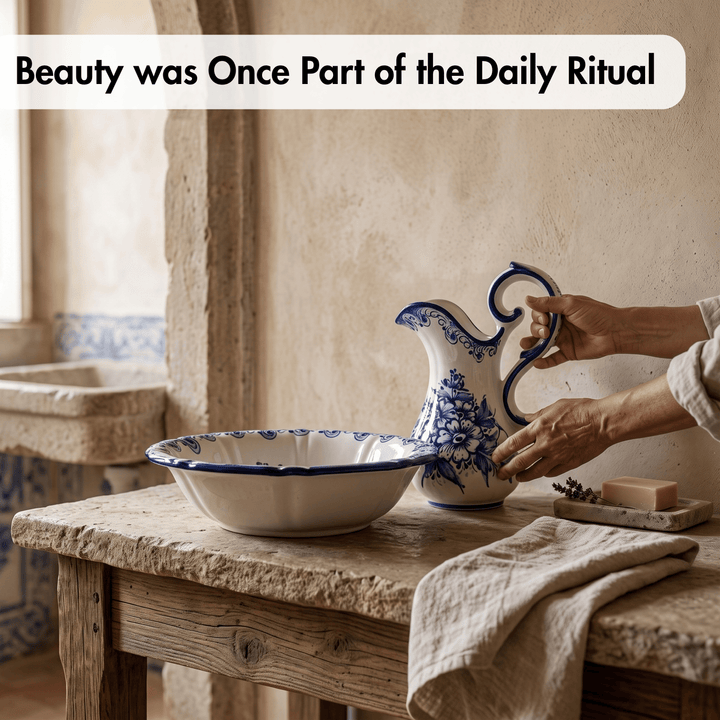 Hand Painted Portuguese Pottery Blue and White Wash Basin with Pitcher Set