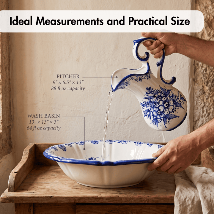 Hand Painted Portuguese Pottery Blue and White Wash Basin with Pitcher Set