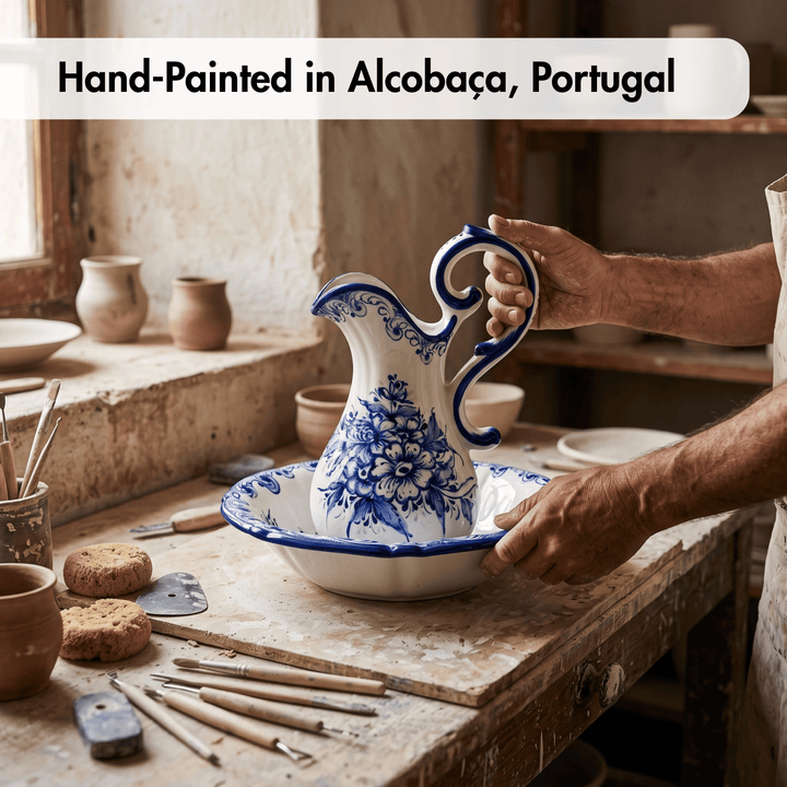 Hand Painted Portuguese Pottery Blue and White Wash Basin with Pitcher Set