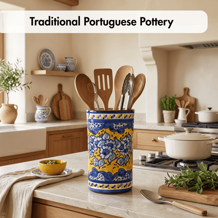Hand Painted Portuguese Pottery Blue and Yellow Kitchen Utensil Holder