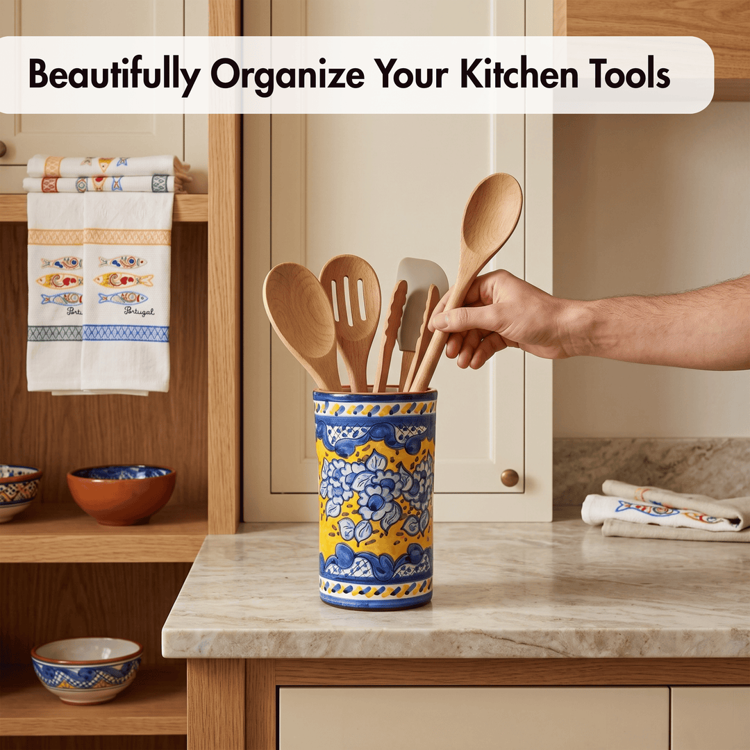 Hand Painted Portuguese Pottery Blue and Yellow Kitchen Utensil Holder
