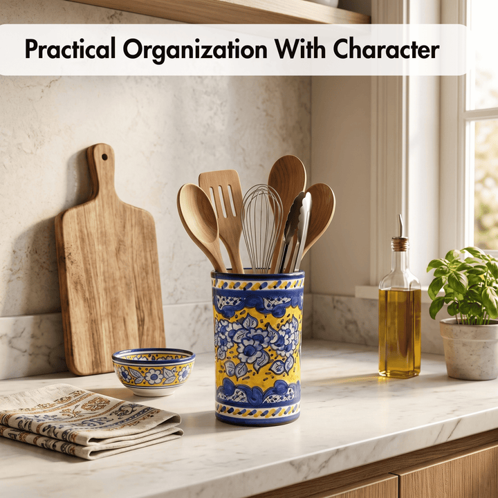 Hand Painted Portuguese Pottery Blue and Yellow Kitchen Utensil Holder