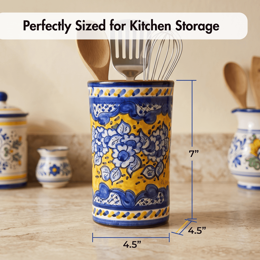 Hand Painted Portuguese Pottery Blue and Yellow Kitchen Utensil Holder