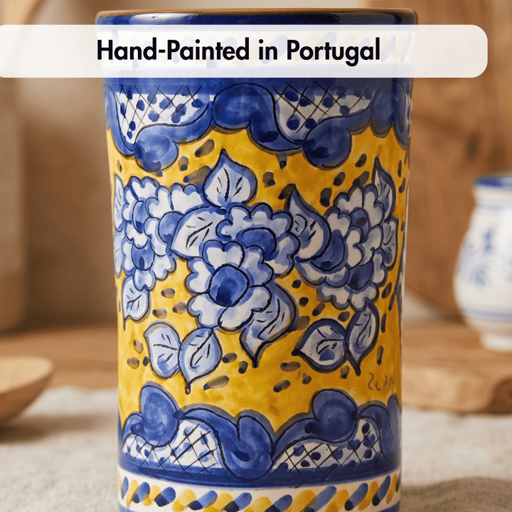 Hand Painted Portuguese Pottery Blue and Yellow Kitchen Utensil Holder