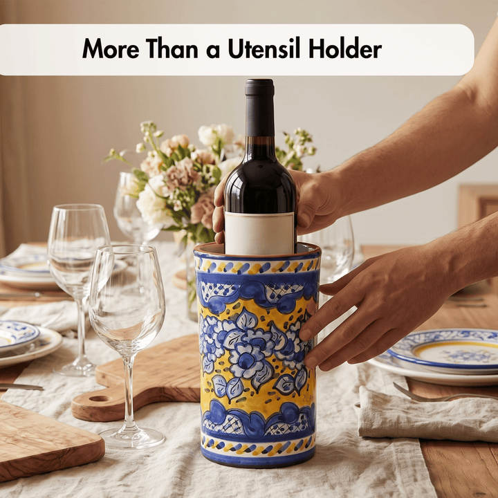 Hand Painted Portuguese Pottery Blue and Yellow Kitchen Utensil Holder