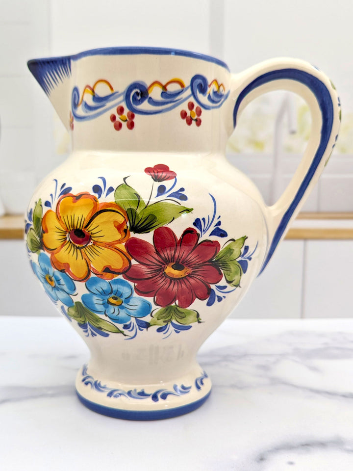 Hand Painted Portuguese Pottery Ceramic Flower Pitcher Vase