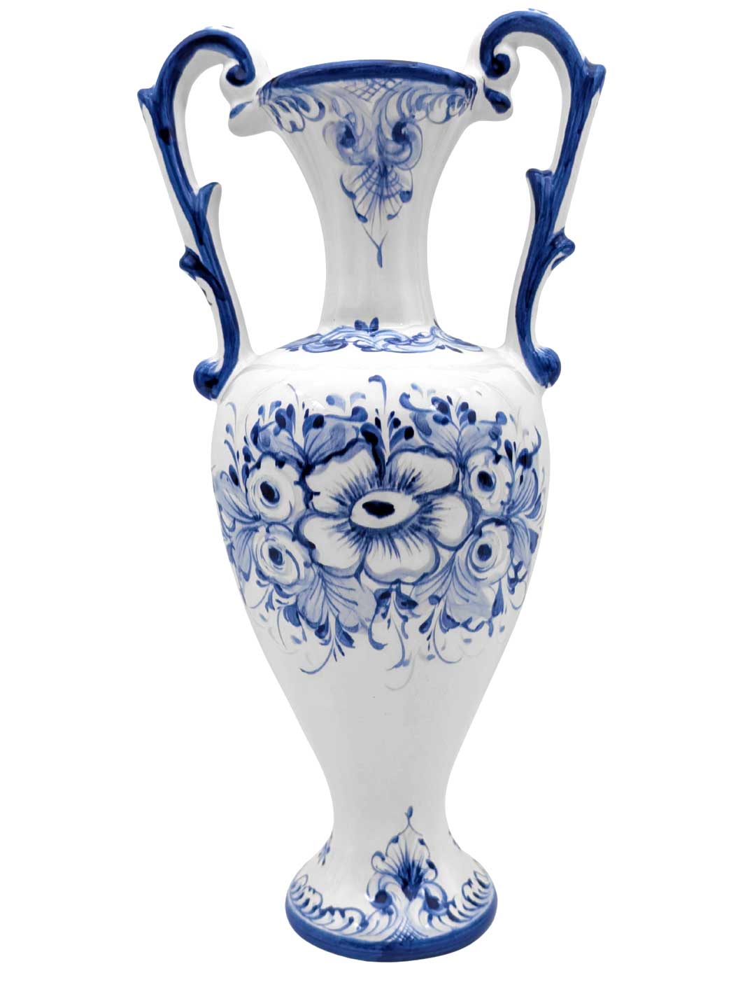 Hand Painted Portuguese Pottery Ceramic Flower Vase with Handles - Blue and White